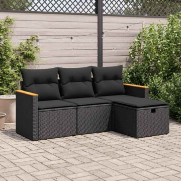 Set mobilier de grădină cu perne, 4 piese, negru, poliratan