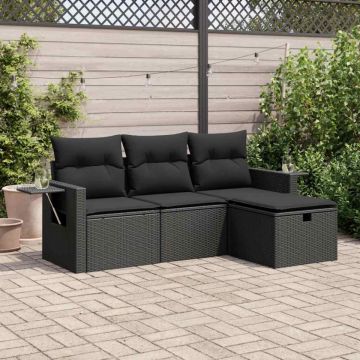 Set mobilier de grădină cu perne, 4 piese, negru, poliratan