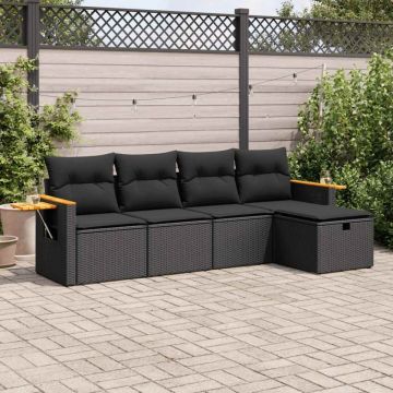 Set mobilier de grădină cu perne, 5 piese, negru, poliratan