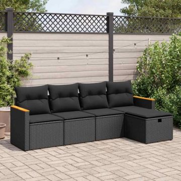 Set mobilier de grădină cu perne, 5 piese, negru, poliratan