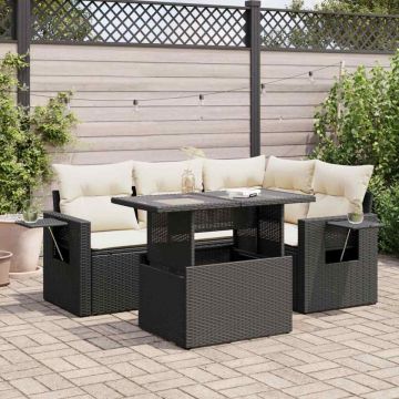 Set mobilier de grădină cu perne, 5 piese, negru, poliratan