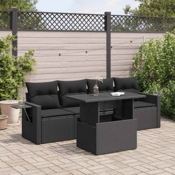 Set mobilier de grădină cu perne, 5 piese, negru, poliratan