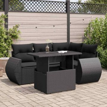 Set mobilier de grădină cu perne, 5 piese, negru, poliratan