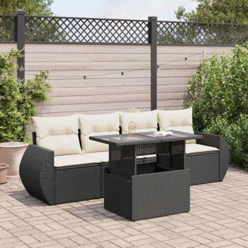 Set mobilier de grădină cu perne, 5 piese, negru, poliratan