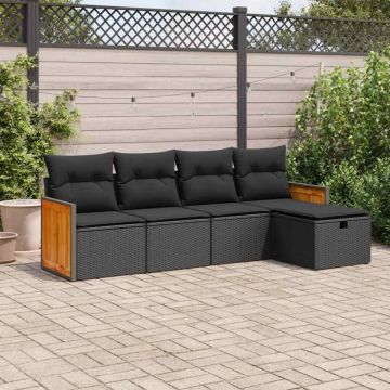 Set mobilier de grădină cu perne, 5 piese, negru, poliratan