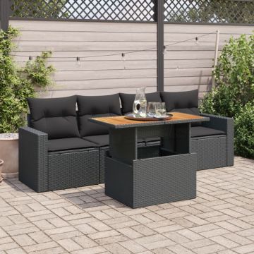 Set mobilier de grădină cu perne, 5 piese, negru, poliratan