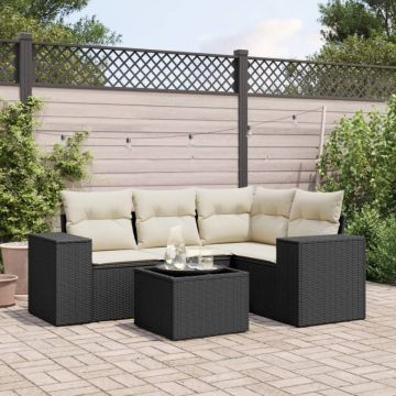 Set mobilier de grădină cu perne, 5 piese, negru, poliratan