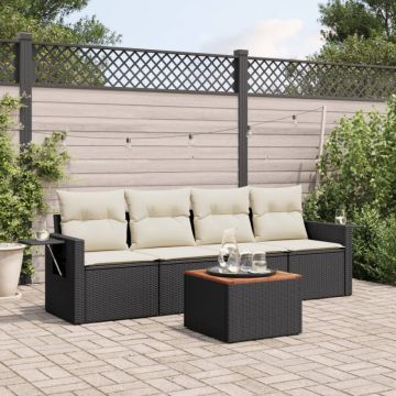 Set mobilier de grădină cu perne, 5 piese, negru, poliratan