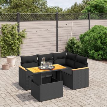 Set mobilier de grădină cu perne, 5 piese, negru, poliratan