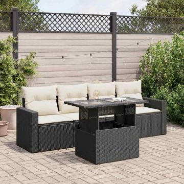 Set mobilier de grădină cu perne, 5 piese, negru, poliratan