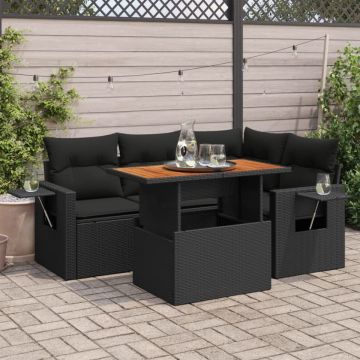 Set mobilier de grădină cu perne, 5 piese, negru, poliratan