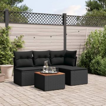 Set mobilier de grădină cu perne, 5 piese, negru, poliratan