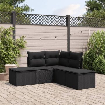 Set mobilier de grădină cu perne, 5 piese, negru, poliratan