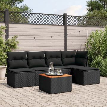 Set mobilier de grădină cu perne, 6 piese, negru, poliratan