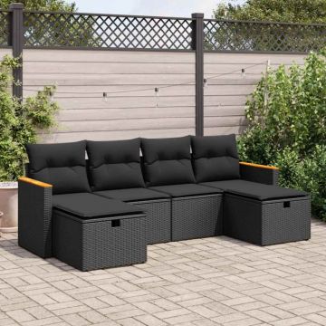 Set mobilier de grădină cu perne, 6 piese, negru, poliratan