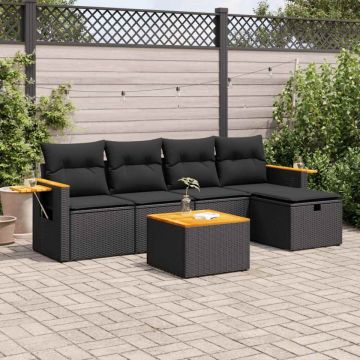 Set mobilier de grădină cu perne, 6 piese, negru, poliratan