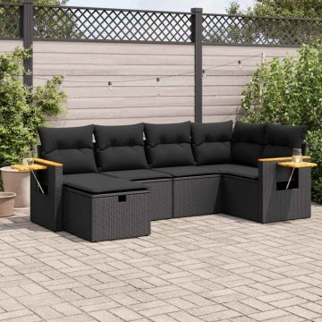 Set mobilier de grădină cu perne, 6 piese, negru, poliratan