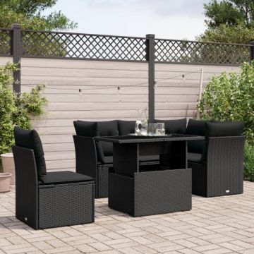 Set mobilier de grădină cu perne, 6 piese, negru, poliratan