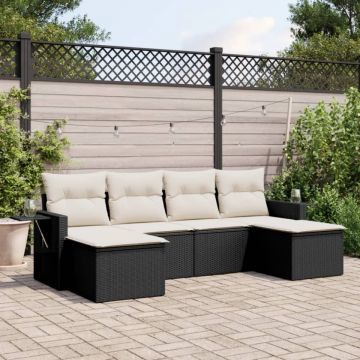 Set mobilier de grădină cu perne, 6 piese, negru, poliratan