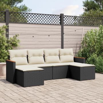 Set mobilier de grădină cu perne, 6 piese, negru, poliratan