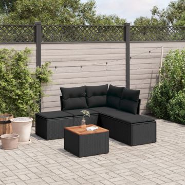 Set mobilier de grădină cu perne, 6 piese, negru, poliratan