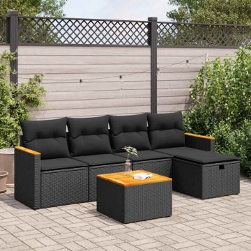 Set mobilier de grădină cu perne, 6 piese, negru, poliratan