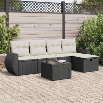 Set mobilier de grădină cu perne, 6 piese, negru, poliratan