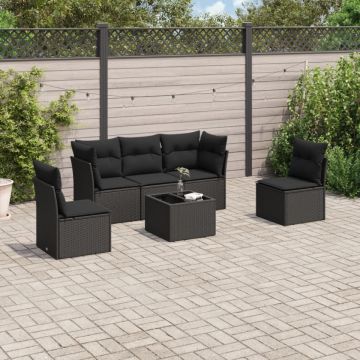 Set mobilier de grădină cu perne, 6 piese, negru, poliratan