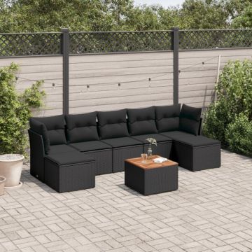 Set mobilier de grădină cu perne, 8 piese, negru, poliratan