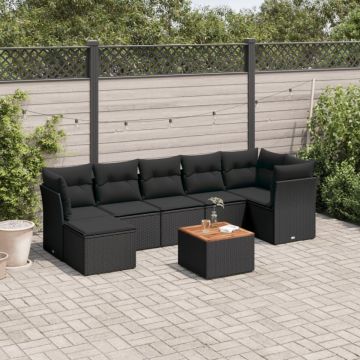 Set mobilier de grădină cu perne, 8 piese, negru, poliratan