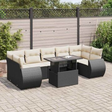 Set mobilier de grădină cu perne, 8 piese, negru, poliratan