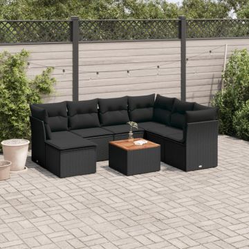 Set mobilier de grădină cu perne, 8 piese, negru, poliratan