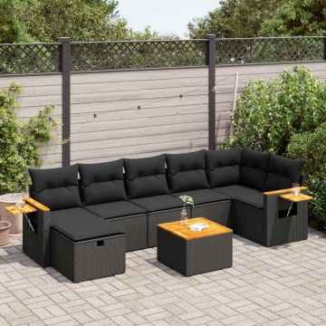 Set mobilier de grădină cu perne, 8 piese, negru, poliratan