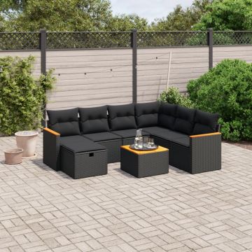 Set mobilier de grădină cu perne, 8 piese, negru, poliratan