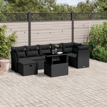 Set mobilier de grădină cu perne, 8 piese, negru, poliratan