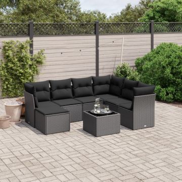 Set mobilier de grădină cu perne, 8 piese, negru, poliratan