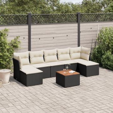 Set mobilier de grădină cu perne, 8 piese, negru, poliratan