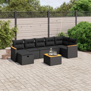 Set mobilier de grădină cu perne, 8 piese, negru, poliratan