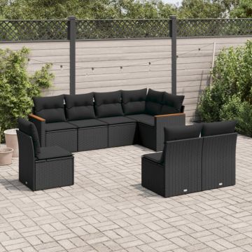 Set mobilier de grădină cu perne, 8 piese, negru, poliratan