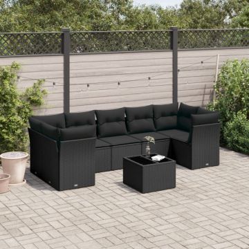 Set mobilier de grădină cu perne, 8 piese, negru, poliratan