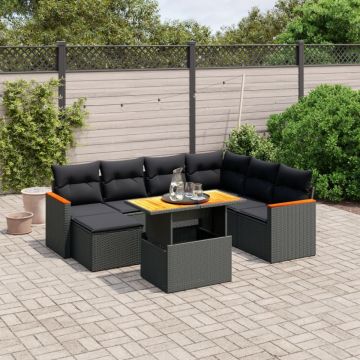 Set mobilier de grădină cu perne, 8 piese, negru, poliratan