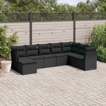 Set mobilier de grădină cu perne, 8 piese, negru, poliratan