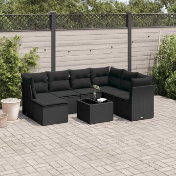 Set mobilier de grădină cu perne, 8 piese, negru, poliratan