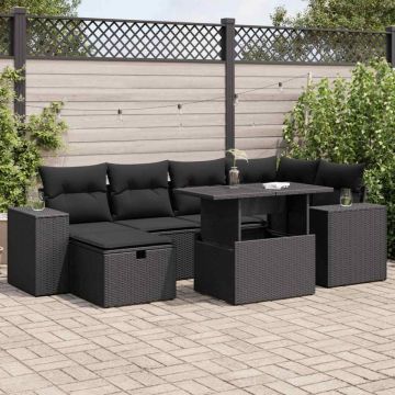 Set mobilier de grădină cu perne, 8 piese, negru, poliratan