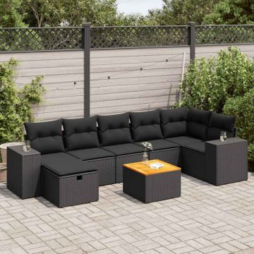 Set mobilier de grădină cu perne, 8 piese, negru, poliratan