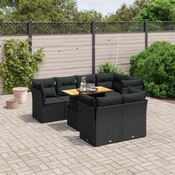 Set mobilier de grădină cu perne, 8 piese, negru, poliratan