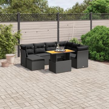 Set mobilier de grădină cu perne, 8 piese, negru, poliratan