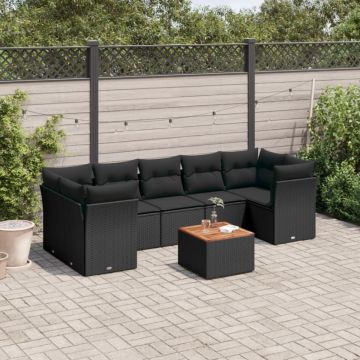 Set mobilier de grădină cu perne, 8 piese, negru, poliratan