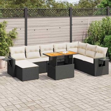 Set mobilier de grădină cu perne, 9 piese, negru, poliratan