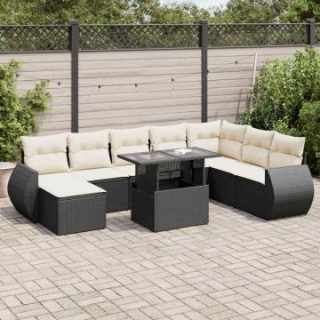 Set mobilier de grădină cu perne, 9 piese, negru, poliratan